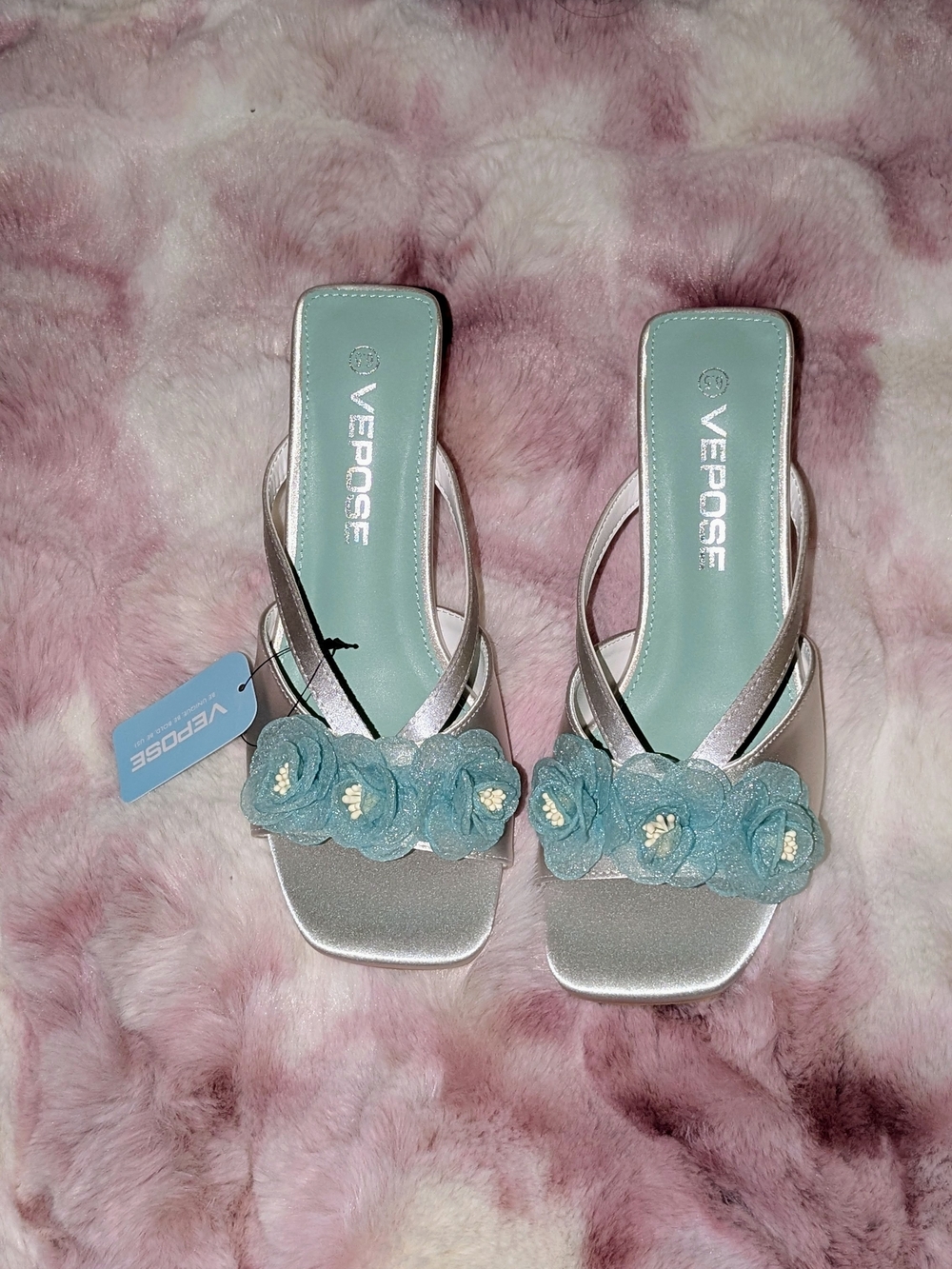 VEPOSE Satin Slide Sandals with Blue Floral Accent